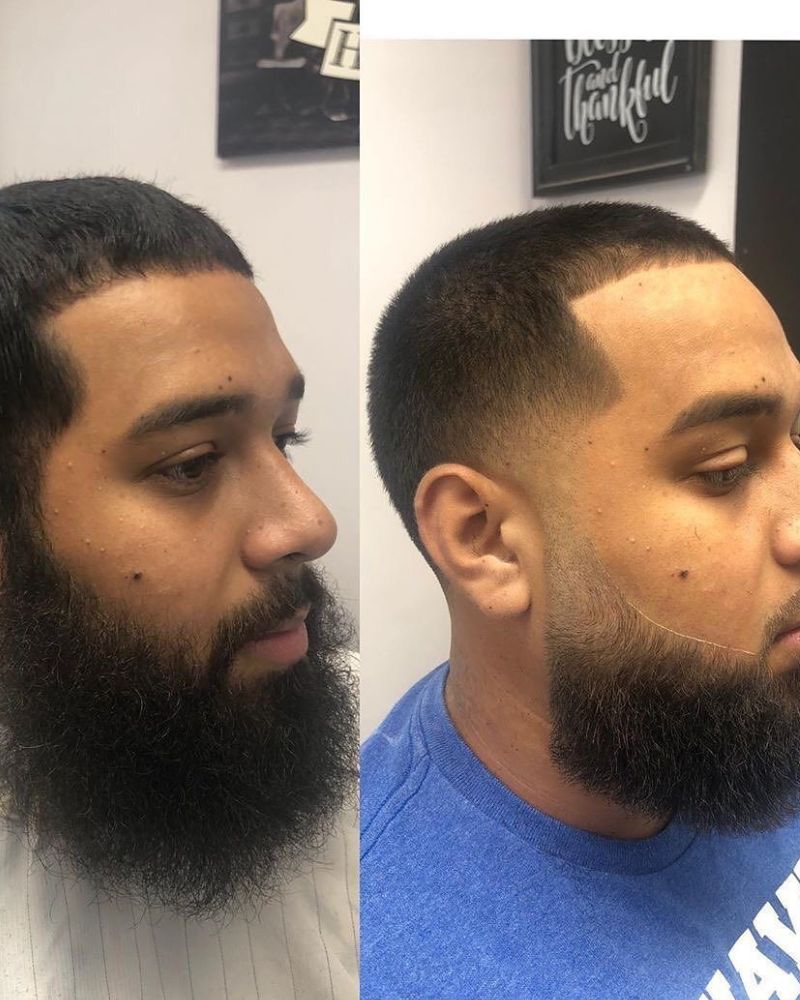 Before and after beard sculpting with skin fade